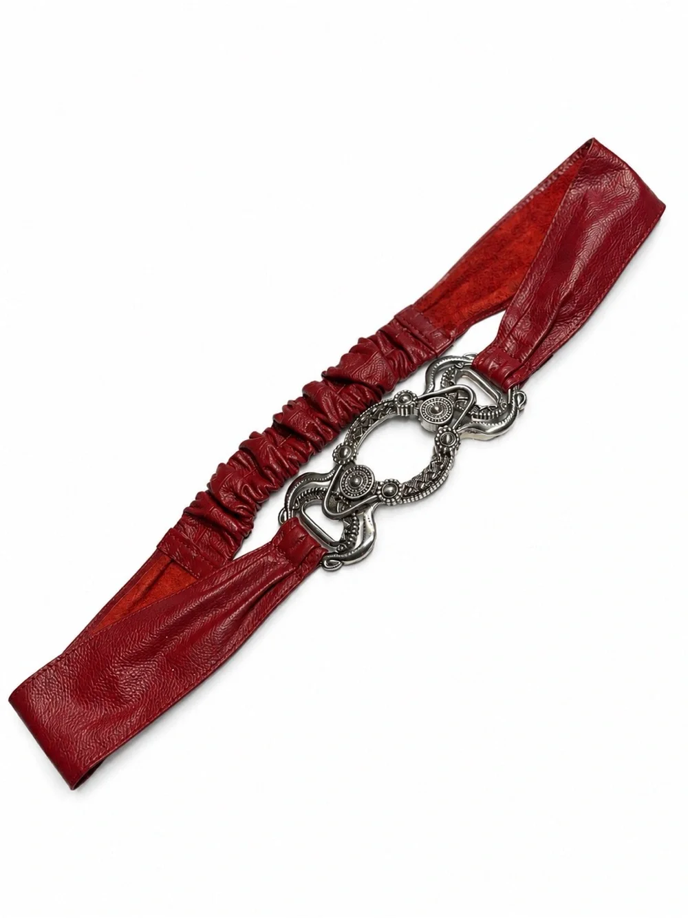 Chico's red leather stretch belt large, ornate silver statement buckle
